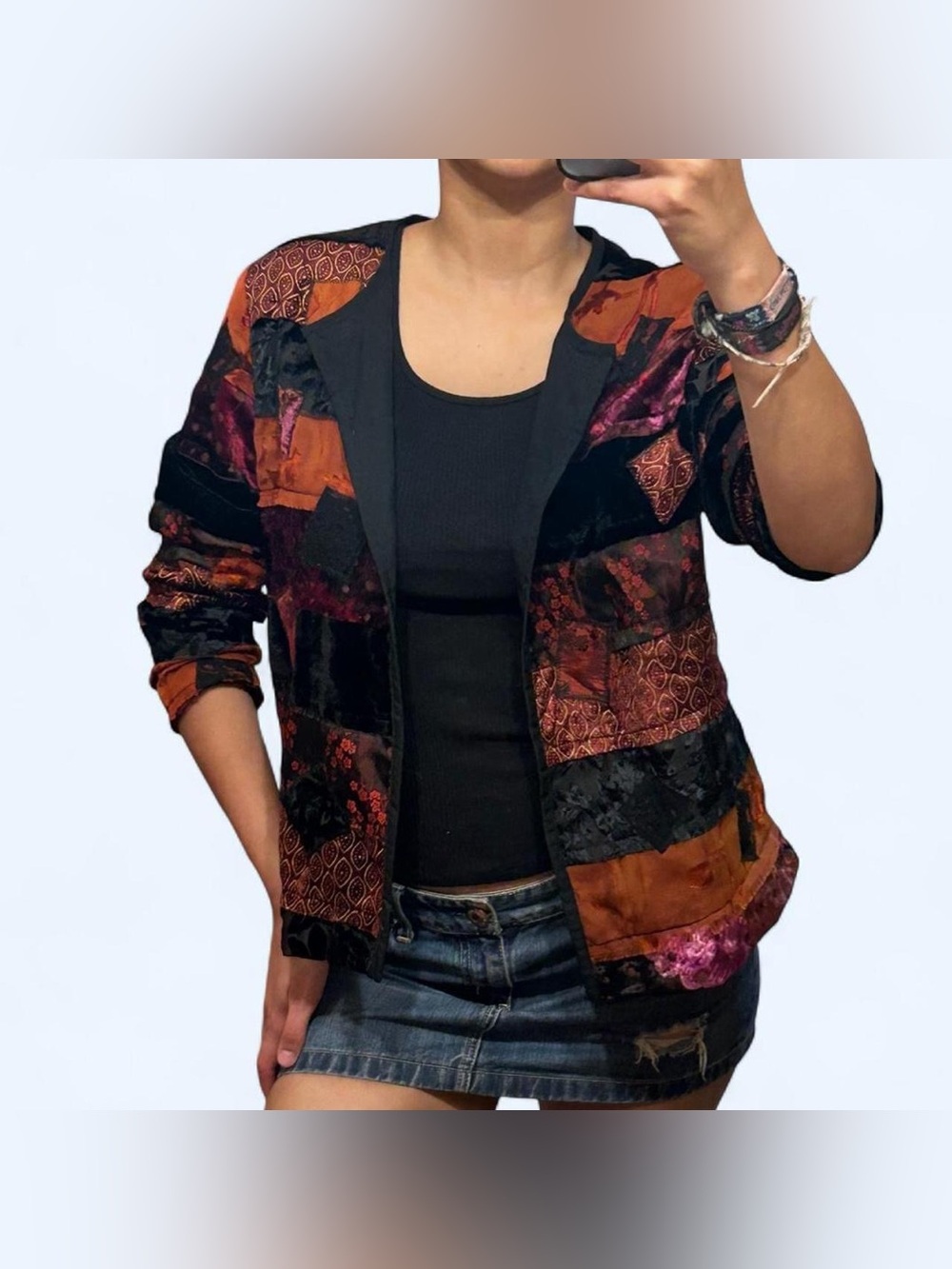 Whimsigoth Velvet Orange Patchwork Jacket by Hearts of Palm!